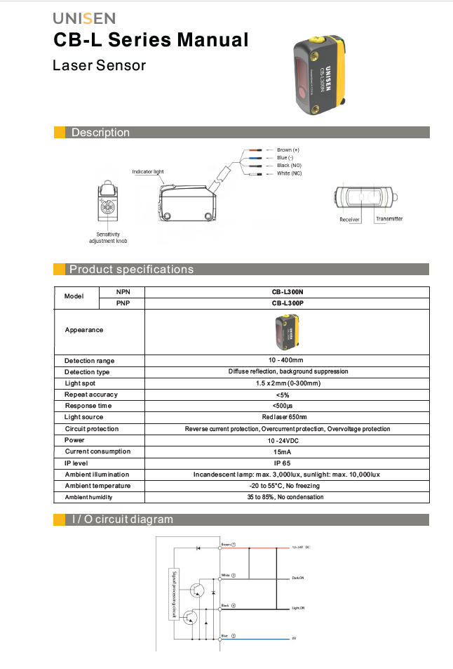 Thông số kỹ thuật cảm biến laser UNISEN CB-L300