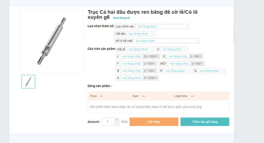 TRỤC CẢ HAI ĐẦU REN BẰNG ĐẾ CỜ LÊ, CÓ LỖ XUYÊN G6