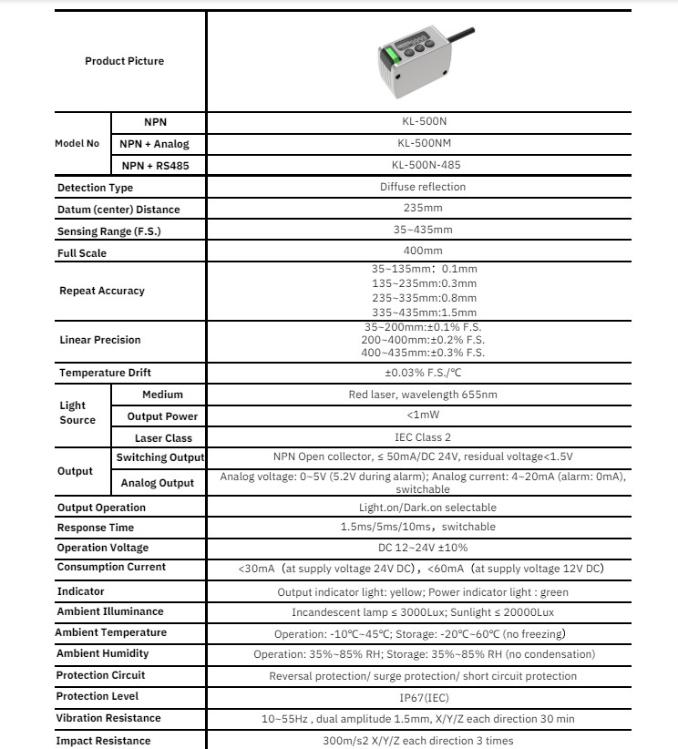 Thông số kỹ thuật cảm biến UNISEN laser KL-500PM