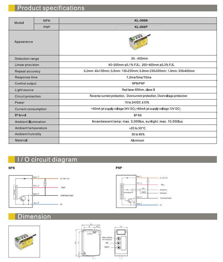 Thông số kỹ thuật cảm biến laser KL-500P